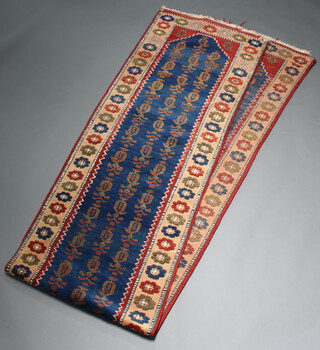 A blue, red and tan ground Afghan runner with geometric design to the centre 427cm x 78cm 