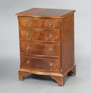 A Georgian style crossbanded mahogany chest of serpentine outline, fitted 4 drawers, raised on bracket feet 70cm h x 50cm w x 40cm d 