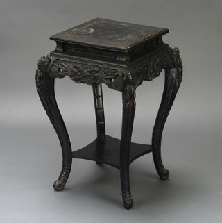 A 19th Century square Chinese carved and ebonised 2 tier jardiniere raised on cabriole supports 75cm h x 48cm w x 48cm d 