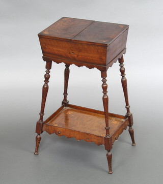 A Victorian rectangular inlaid walnut work table, raised on turned supports with shaped undertier 69cm h x 37cm w x 28cm d 