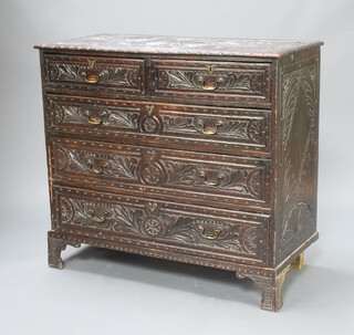 An 18th/19th Century carved oak chest of 2 short and 3 long drawers, raised on bracket feet 98cm h x 110cm w x 51cm d 