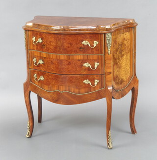 A 20th Century French figured walnut and crossbanded commode of serpentine outline fitted 3 drawers with gilt metal mounts, raised on cabriole supports 78cm h x 75cm w x 40cm d 