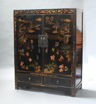 A Chinese black and gilt lacquered television cabinet enclosed by a panelled door, the base fitted 2 short drawers 158cm h x 124cm w x 55cm d 
