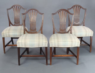 A set of 4 19th Century Hepplewhite style shield back dining chairs with overstuffed seats, raised on square supports with H framed stretchers 92cm h x 54cm w x 46cm d (seat 40cm x 32cm) 