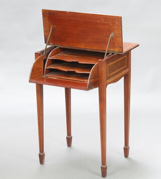 An Edwardian square inlaid mahogany writing table/secretaire with fall front, raised on square tapered supports, spade feet 77cm h x 55cm w x 55cm d 