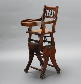 A child's Edwardian beech framed metamorphic high chair with ribbon turned decoration 98cm h x 38cm w x 35cm d (seat 20cm x 20cm)  