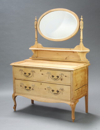 A 19th Century pine Louis style dressing chest with oval bevelled plate mirror above 2 drawers, raised on cabriole supports 151cm h x 104cm w x 50cm d 