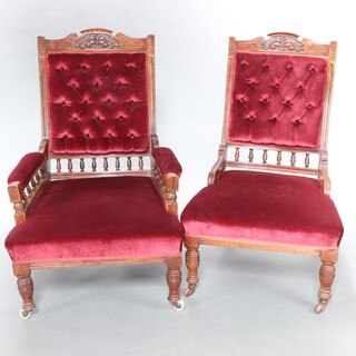 A Victorian carved walnut armchair with bobbin turned decoration upholstered in red dralon, raised on turned supports 102cm h x 68cm w x 64cm d (seat 36cm x 50cm) together with a matching nursing chair 99cm h x 64cm w x 60cm d (41cm x 41cm) 