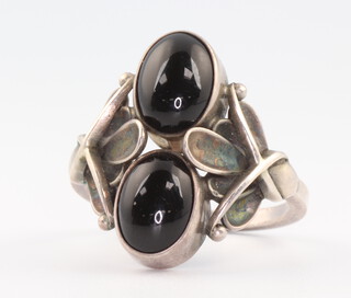 A Georg Jensen silver and onyx leaf ring, no 48, size L 1/2