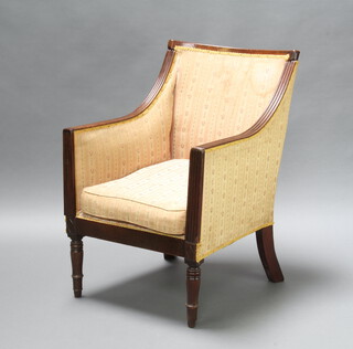 A William IV mahogany show frame armchair upholstered in Regency striped material raised on turned supports 87cm h x 60cm w x 62cm d (31cm x 40cm) 