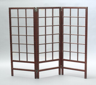 An Edwardian Chippendale style mahogany and glass 3 fold draft screen 110cm h x 46cm when folded x 92cm when open  