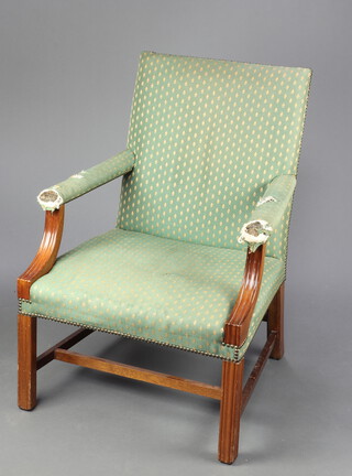 A Gainsborough style mahogany open arm library chair upholstered in green and gold material 97cm h x 67cm w x 60cm d (seat 39cm x 37cm) 