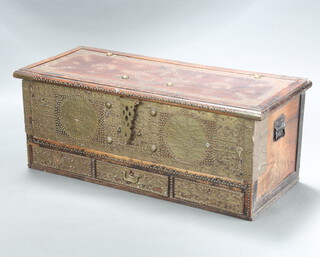 An 18th/19th Century Eastern hardwood and brass banded coffer with hinged lid, interior fitted a candle box, the base fitted 3 drawers, the sides with later iron drop handles 47cm h x 119cm w x 47cm d 