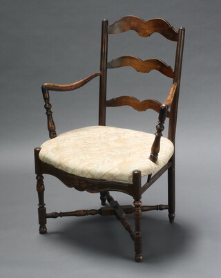 A French turned beech ladder back carver chair with upholstered seat, raised on turned supports and X framed stretcher 94cm h x 65cm w x 51cm d (seat 38cm x 27cm) 