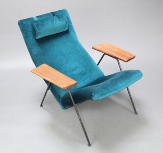 Mid Century, Robin Day for Hille, circa 1952, a tubular metal and teak armchair upholstered with teal velour, 89cm h x 87cm w x 73cm d (seat 32cm x 30cm) 