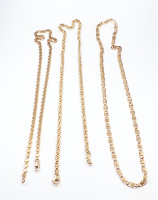 Three 9ct yellow gold necklaces, 37.5gms