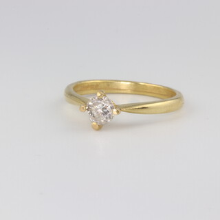 An 18ct yellow gold single stone, brilliant cut diamond ring, approx 0.5ct, size N, 3.2gms