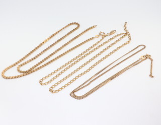 Three 9ct yellow gold necklaces, 21gms