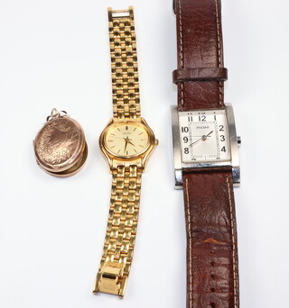 A gentleman's steel cased Pulsar wristwatch, a lady's gilt ditto and a gold plated locket