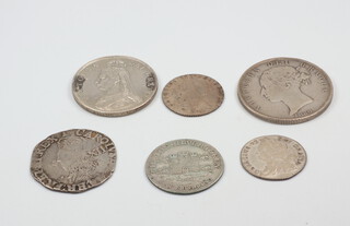 A Charles I shilling Tower Mint 1625-1642, a George III sixpence without hearts 1787 and four other coins