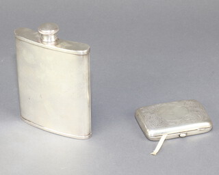 A silver engraved cigarette case, Birmingham 1915, gross weight 64gms together with a plated hip flask