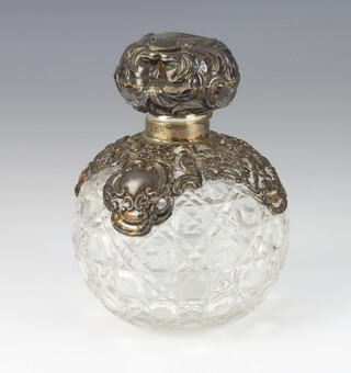 An Edwardian cut glass spherical scent with repousse silver mount Birmingham 1903, 14cm 