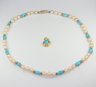 A turquoise and cultured pearl necklace with a 9ct clasp, 43cm together with a yellow metal, stamped 585, turquoise pendant