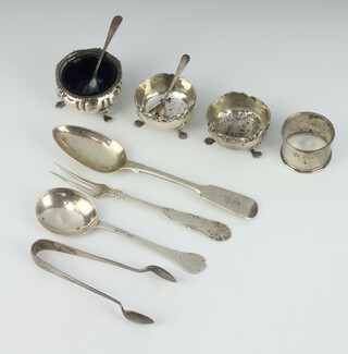 A Victorian silver fiddle pattern dessert spoon London 1890, 3 condiments, a napkin ring, 3 spoons, nips and a fork, 208 grams 