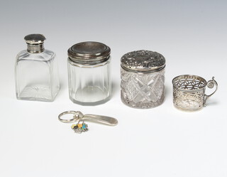 A silver mounted glass pot and cover Birmingham 1912, 2 others, a cup holder and a brooch with spoon key ring, weighable silver 60 grams