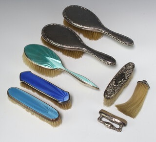 Two Edwardian silver hair brushes Birmingham 1908, a silver and turquoise guilloche enamel hair brush, 2 ditto blue clothes brushes, a smaller ditto, a brush (a/f) and a nail buffer  