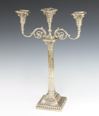 A Victorian silver 3 light candelabrum on Corinthian column with acanthus decorated base Sheffield 1900, maker Walker & Hall, 54cm 