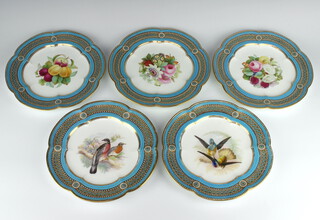 Five 19th Century dessert plates decorated with spring flowers and birds, the turquoise and gilt rims with geometric decoration, stamped Alfred D Pierce, 29 Ludgate Hill London, 23.5cm 