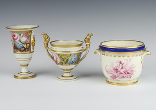 A 19th Century porcelain jardiniere decorated with cherubs, one collecting fruit another releasing a bird from a cage with ochre, blue and gilt decoration 11cm (cracked), a Paris porcelain vase decorated with gilt mask handles and pail of spring flowers 14cm and a ditto 2 handled vase with cat finial and a band of spring flowers (lacking lid) 10cm