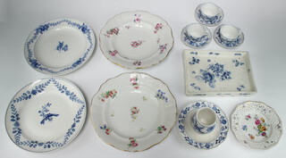 A 19th Century Austrian blue and white rectangular dish decorated with flowers 22cm, 3 Meissen blue and white tea cups and saucers decorated with flowers, 5 other plates and a stand 