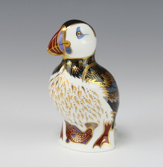 A Royal Crown Derby Imari pattern puffin paperweight with silver stopper 11cm 