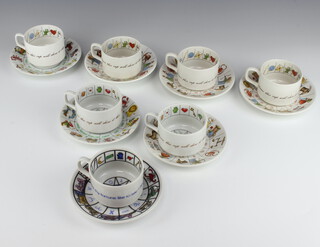 Three modern Jon Anton ironstone fortune telling teacups and saucers, a pair of International Collectors Guild ditto, one Royal Kendall ditto and one other 
