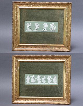 Two 19th Century Wedgwood jasperware style plaques depicting four cherubs and six dancing ladies, framed with velvet mounts 7cm x 22cm