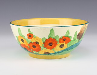 A Clarice Cliff Bizarre deep bowl, 18cm, a ditto polychrome shallow dish decorated buttercups 19cm 