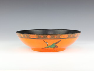 A Shelley Art Deco orange ground bowl decorated with exotic birds 8889/A, 25cm with a ditto preserve pot and base (lid missing)
