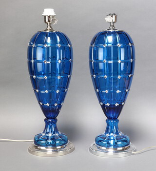 A pair of Italian Pataviumart blue glass "jewel" encrusted oviform glass table lamps raised on chrome bases, 50cm