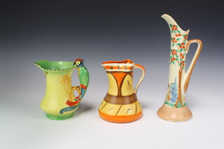 A Burleighware jug with parrot handle, no. 4862, 18cm, a Myott ditto, 19cm and a Swan Art Deco ewer, 34cm