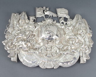 A 19th Century silver plated repousse plaque/carriage plate depicting the coat of arms of the City of Liverpool 30cm x 39cm  
