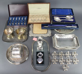 A silver plated swing handled basket, minor cased sets and plated wares 