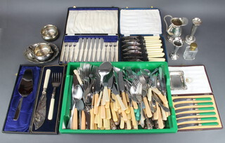 A cased pair of silver plated fish servers, 3 cased sets and a quantity of plated cutlery etc 