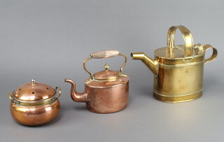 A Perry & Sons, Wolverhampton Victorian oval brass hot water carrier 22cm h x 28cm w x 12cm d, a Victorian oval copper kettle 19cm h x 12cm w x 10cm d, a circular copper and brass pot and lid 11cm x 11cm