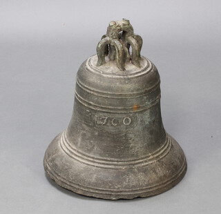 An 18th Century cast bronze turret/church bell of typical form with suspension crown and decorative belts marked 1700, complete with clapper 44cm h x 37 cm diam