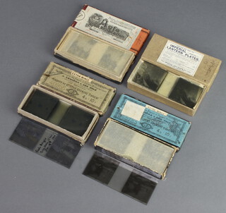 Twelve black and white photographic stereoscopic slides 4.5cm h x 10.5cm w contained in an Imperial Lantern Co cardboard box together with thirty four other slides contained in three boxes marked Agfa-Trockenplatten Plaques Gelatino-Bromour D'Argent