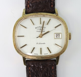A gentleman's vintage elliptical gilt cased Rotary automatic calendar wristwatch on a leather strap with original box, cased numbered 602954/6 in working order 