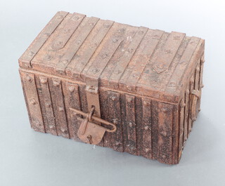 A 17th Century style iron bound twin handled strong box with hinged lid, padlock and key 33cm x 55cm x 39cm 