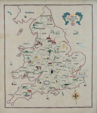 Early 20th Century sampler, a map of England and Wales 53cm x 46cm 